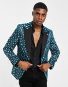 Twisted Tailor Suit Jacket In Green With Silver Foil Lightning Bolt Print