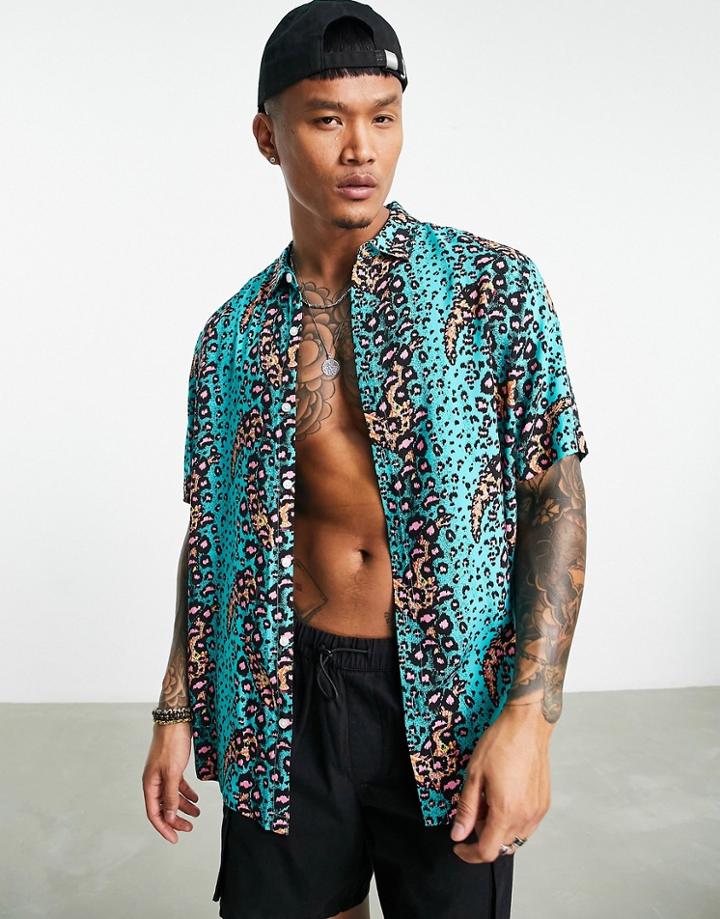 Asos Design Relaxed Shirt In Bright Leopard Print-blue