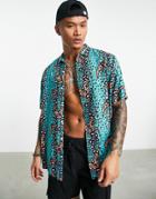 Asos Design Relaxed Shirt In Bright Leopard Print-blue