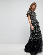 Needle & Thread Embroidered Floral Gown With High Neck And Tiered Skirt - Black
