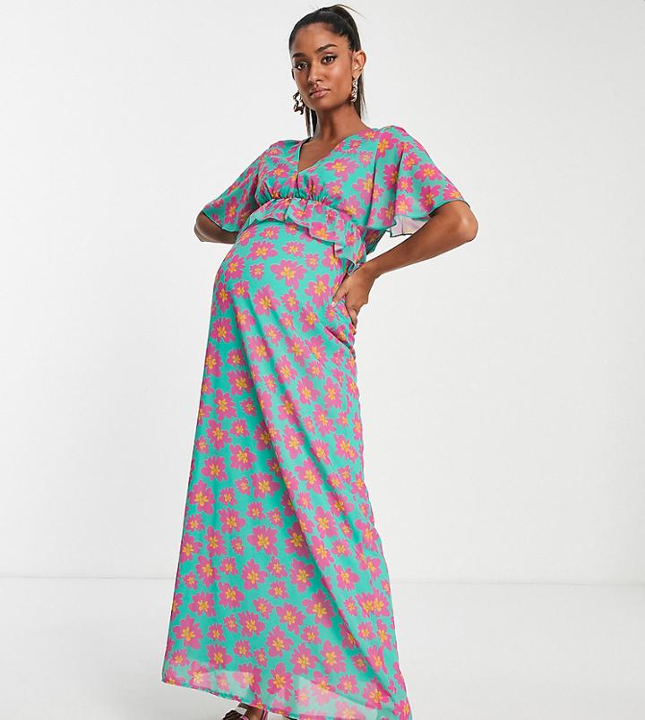 Twisted Wunder Maternity Maxi Dress In Bright Floral With Frill Detail-blue