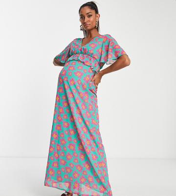 Twisted Wunder Maternity Maxi Dress In Bright Floral With Frill Detail-blue