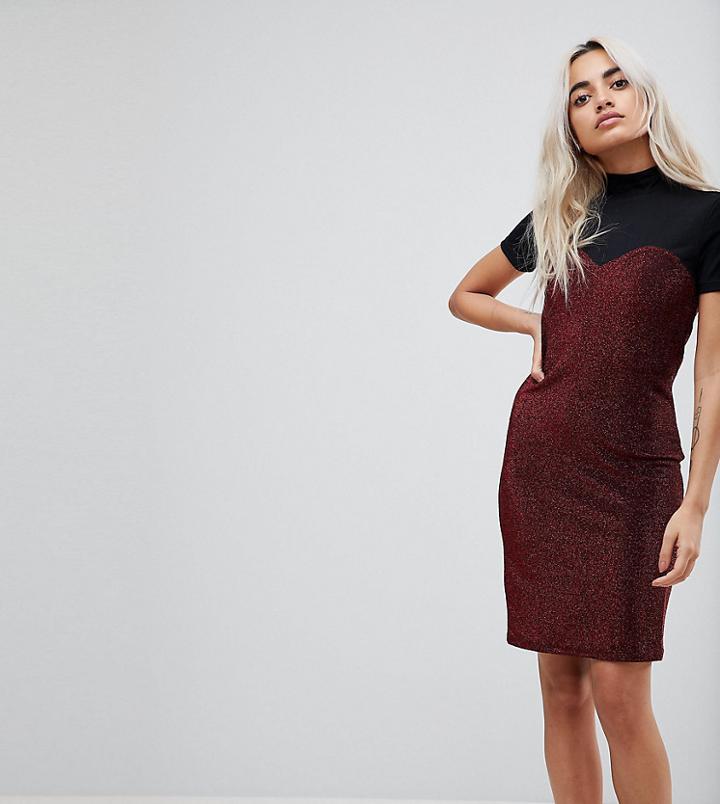 Noisy May Petite High Neck Mesh Top Glitter Bodycon Dress - Red
