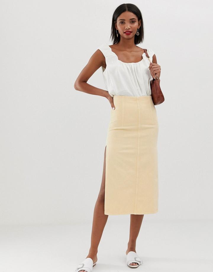 Asos Design Denim High Waisted Seam Detail Midi Skirt - Stone