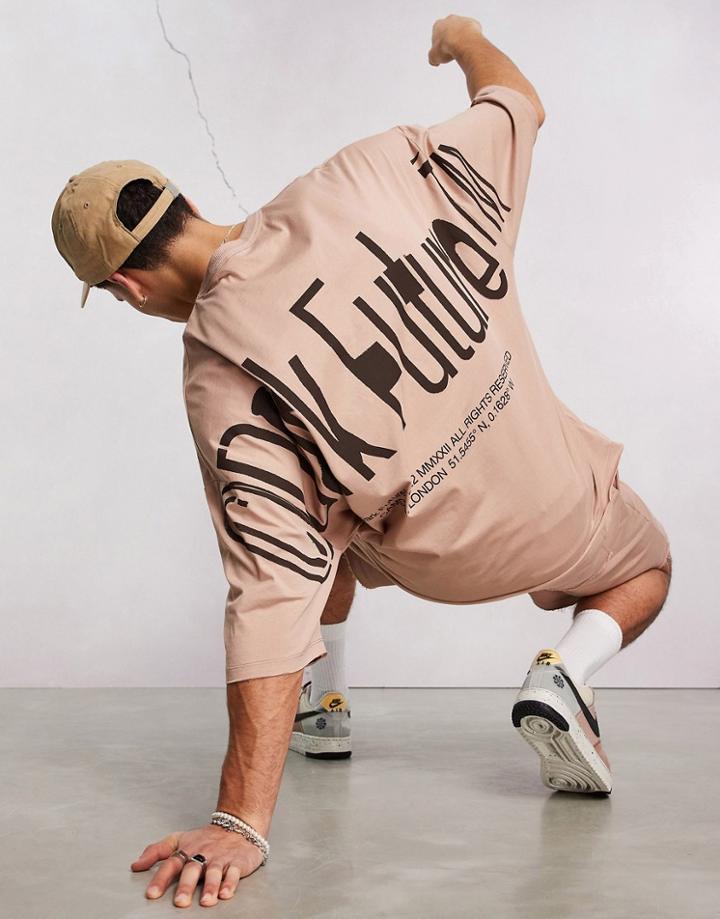 Asos Dark Future Oversized T-shirt With Warped Shoulder Logo Print And Raw Edges In Light Brown