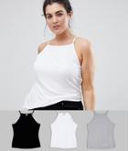 Asos Design Curve Cami With Square Neck In Fitted Rib 3 Pack Save-multi