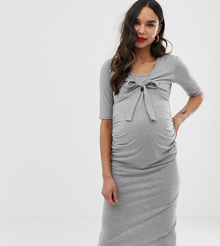 Bluebelle Maternity Bodycon Tie Front Dress With 3/4 Sleeve In Gray - Gray