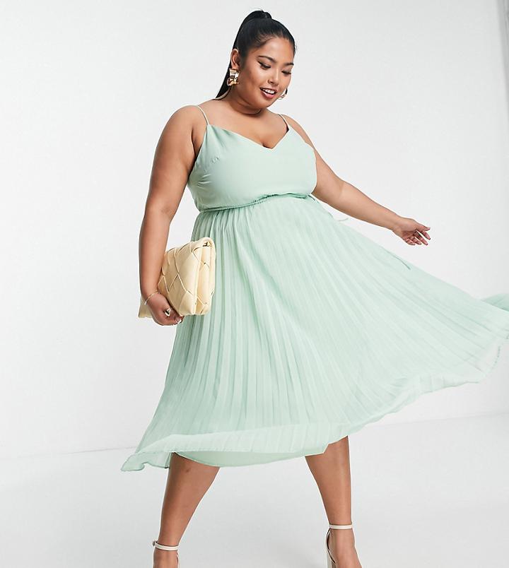 Asos Design Curve Pleated Cami Midi Dress With Drawstring Waist In Soft Green