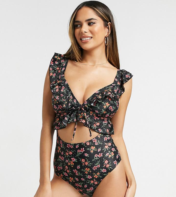 Peek & Beau Fuller Bust Exclusive Cut Out Swimsuit With Ruffle In Winter Floral-multi