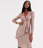 John Zack Tall Plunge Front Sequin Wrap Midi Dress In Rose Gold