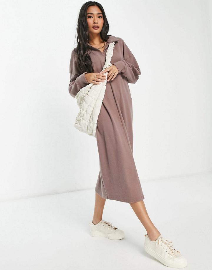 Asos Design Super Soft Long Sleeve Polo Midi Sweater Dress In Taupe-neutral
