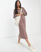 Asos Design Super Soft Long Sleeve Polo Midi Sweater Dress In Taupe-neutral