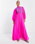 Asos Design Modest High Neck Pleated Long Sleeve Skater Maxi Dress With Embroidery In Magenta-pink