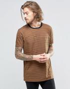 Asos Longline T-shirt With Stripe In Brown/black - Brown