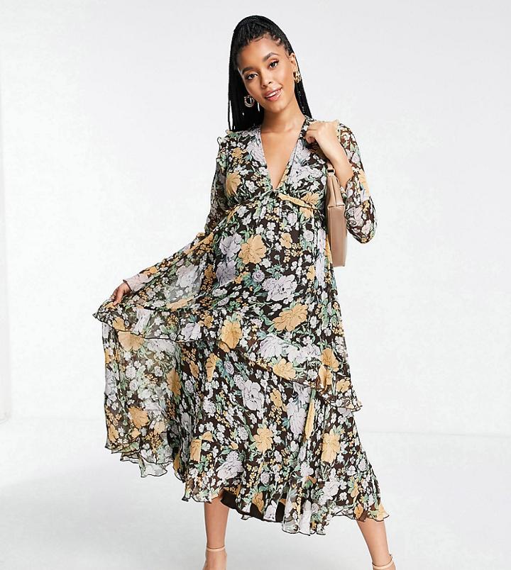 Asos Design Maternity Plunge Front Ruffle Printed Floral Midi Dress With Lattice Tie Back Detail-multi
