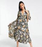 Asos Design Maternity Plunge Front Ruffle Printed Floral Midi Dress With Lattice Tie Back Detail-multi