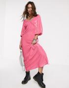 Asos Design V Front V Back Puff Sleeve Velvet Maxi Dress-pink