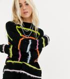 The Ragged Priest Oversized Knitted Sweater With Fluffy Rainbow Stripes-black