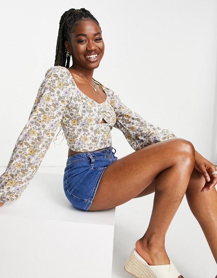 Hollister Melrose Retro Floral Cut Out Long Sleeve Crop Top In White