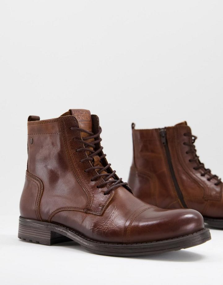Jack & Jones Lace-up Tall Boots In Brown Leather