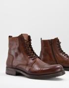 Jack & Jones Lace-up Tall Boots In Brown Leather