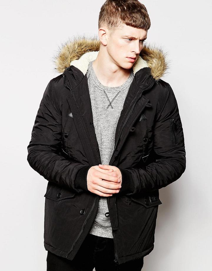 Brave Soul Parka Jacket Faux Fur Hooded Jacket - Black
