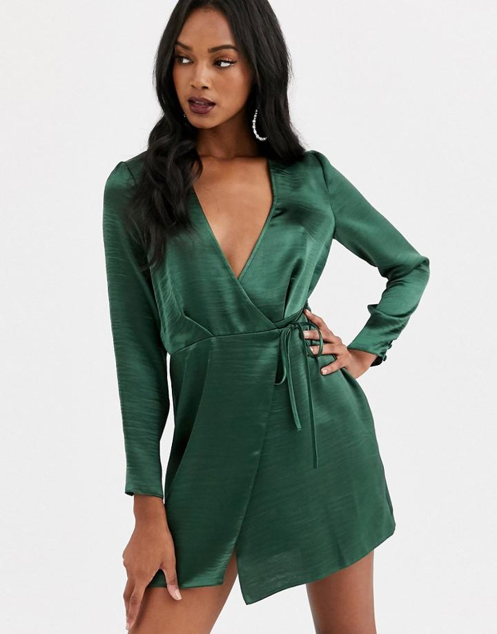 Asos Design Wrap Mini Dress In High Shine Satin-green
