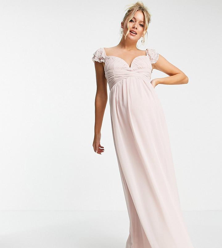 Little Mistress Maternity Embellished Flutter Sleeve Twist Waist Maxi Dress In Blush-pink
