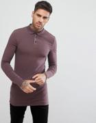 Asos Design Longline Muscle Fit Long Sleeve Polo In Purple - Purple