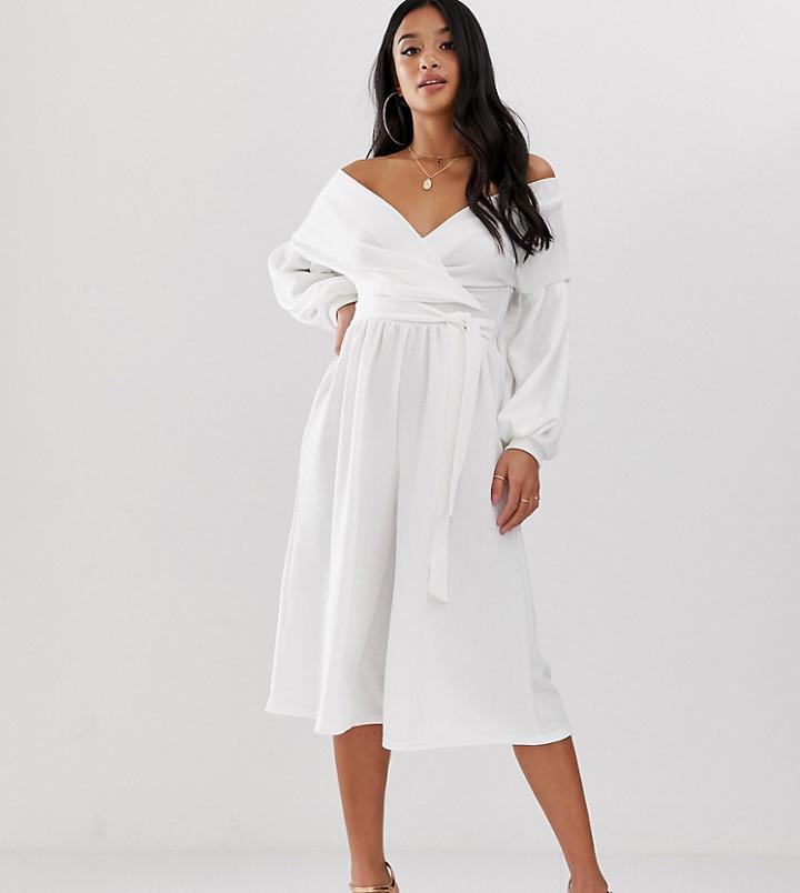 Boohoo Petite Off Shoulder Jumpsuit With Tie Waist In White - White