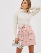 Asos Design Button Front Leather Look Mini Skirt With Utility Pockets-pink