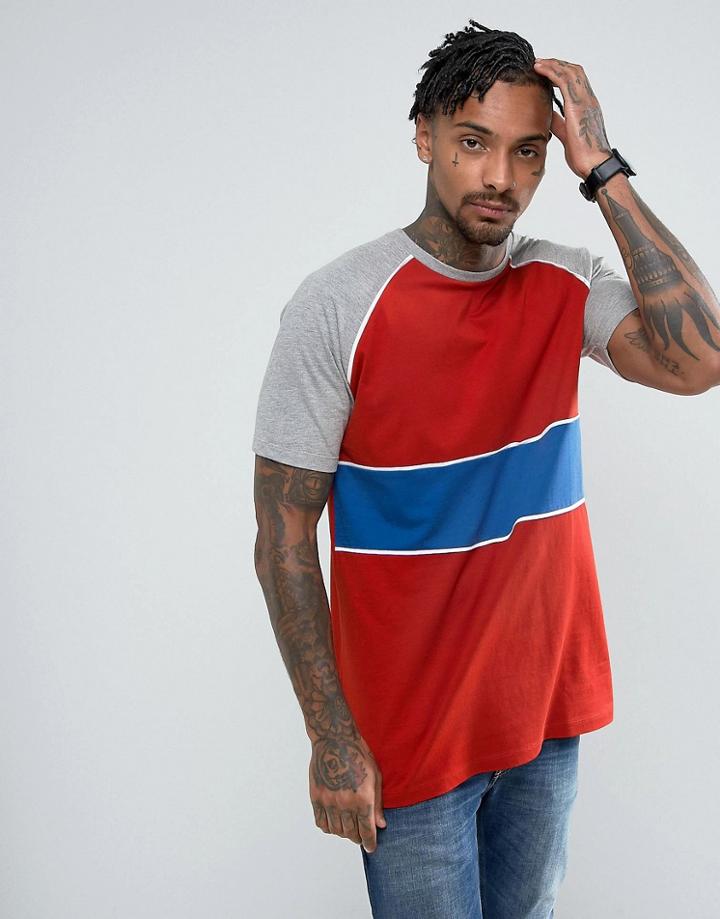 Asos Longline T-shirt With Retro Color Block Panelling In Red - Red