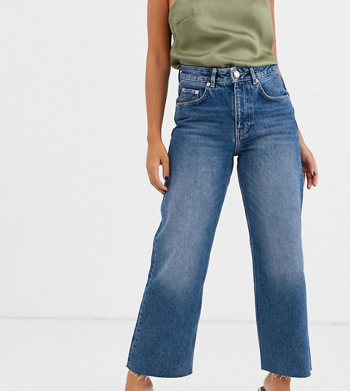 Asos Design Petite Authentic Dad Jean In Mid Vintage Washed Blue With Raw Hem