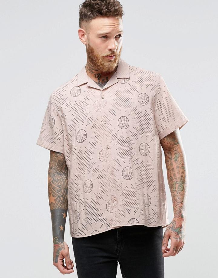 Asos Pink Shirt In Burntout Flower Print With Revere Collar And Short Sleeves - Pink