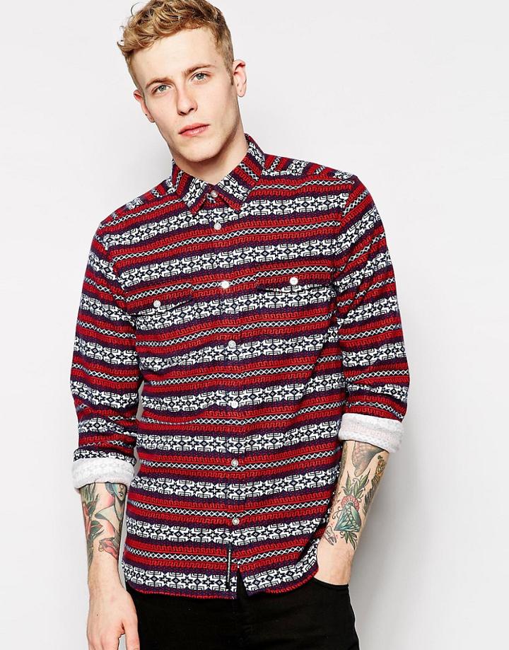 Wesc Long Sleeve Shirt In Stieg Pattern Pocket - Red