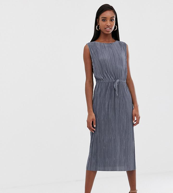 Asos Design Tall Midi Plisse Dress With Drawstring Waist-gray