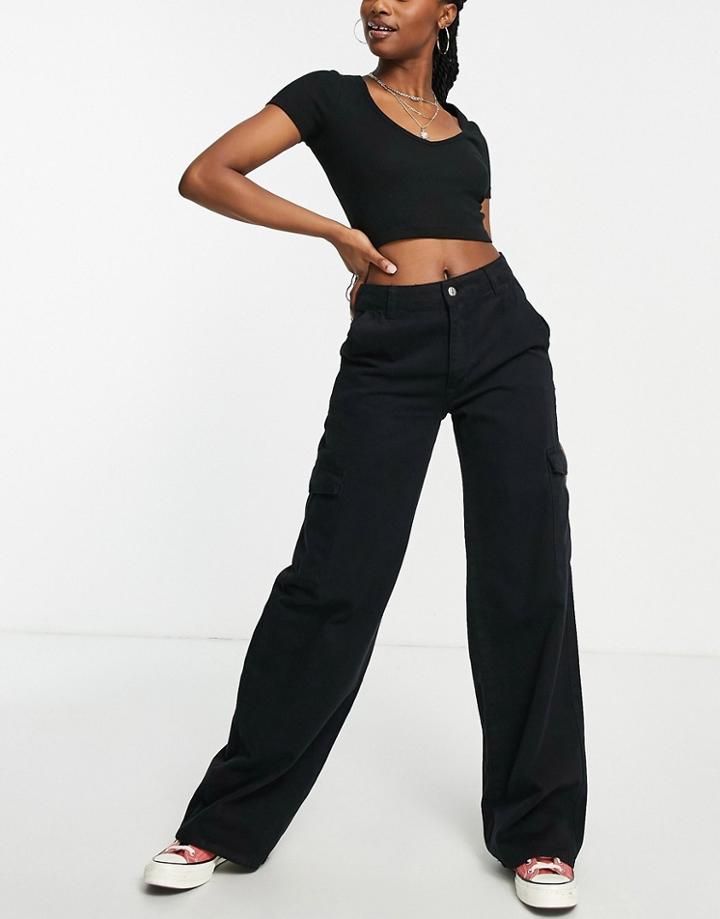 Pull & Bear Wide Leg Cargo Pants In Black