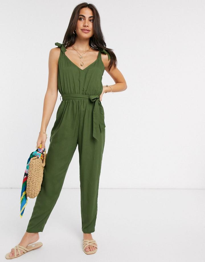 Asos Design Tie Strap Jumpsuit In Khaki-green