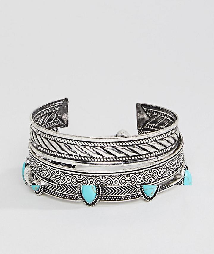 Asos Bangle Pack In Burnished Silver And Turquoise Stones - Silver