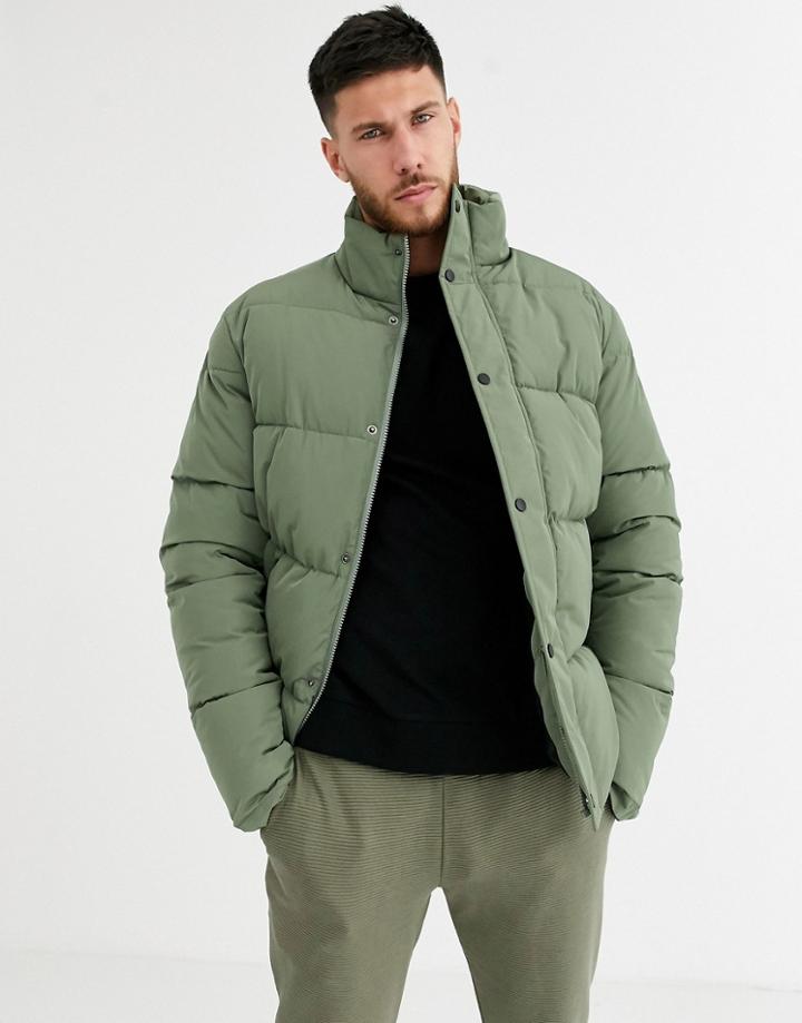 Asos Design Sustainable Puffer Jacket In Green With Funnel Neck