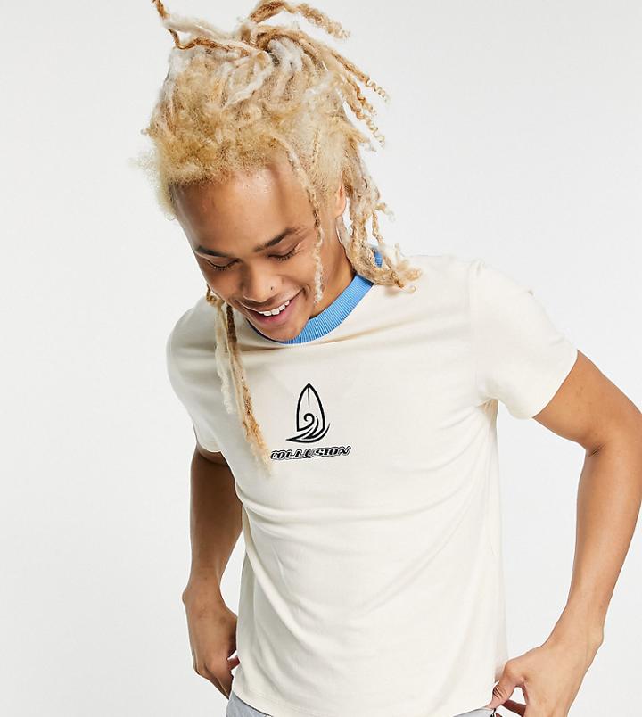 Collusion Vintage Fit Ringer T-shirt With Embroidered Logo In Ecru-white