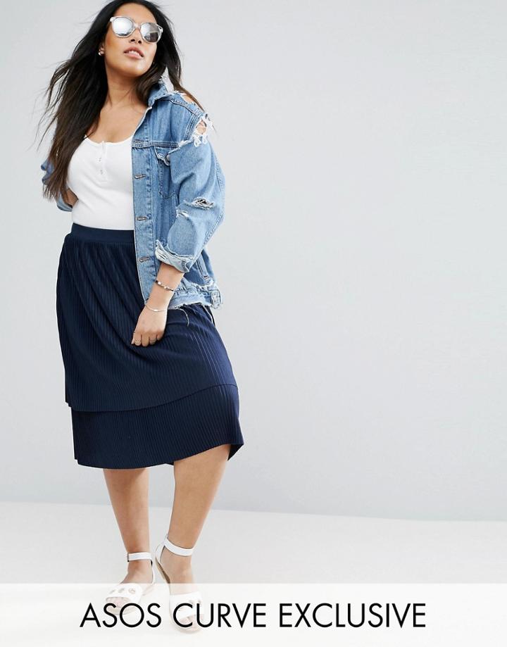 Asos Curve Double Layer Pleated Midi Skirt - Navy
