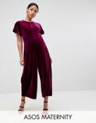 Asos Maternity Relaxed Jumpsuit With Wide Leg In Velvet - Red