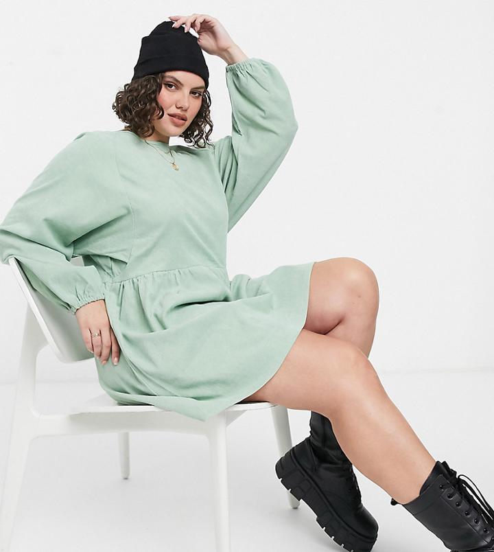 Daisy Street Plus Long Sleeve Mini Smock Dress In Pastel Corduroy-green