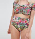 Asos Design Curve High Waist Bikini Bottom In Festival Tropical Print - Multi