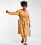 Asos Design Curve Edit Stretch Midi Shirt Dress With Detachable Belt In Biscuit-brown