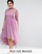Chi Chi London Plus 3/4 Sleeve Lace Overlay Midi Dress With Tulle Skirt - Pink