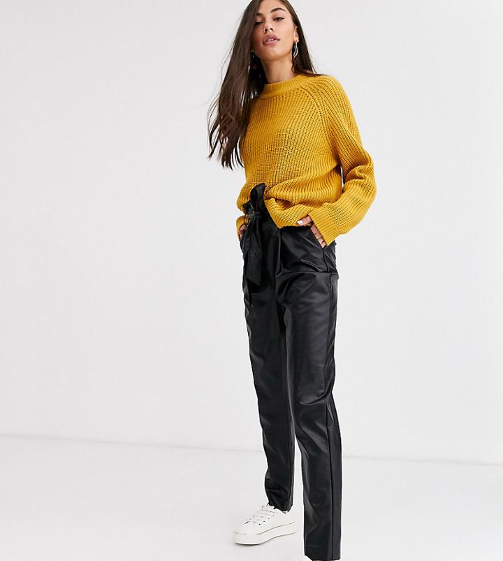 New Look Tall Tie Waist Leather Look Pants In Black