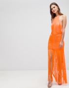 Asos Design Dropped Waist Fringe Maxi Dress - Orange