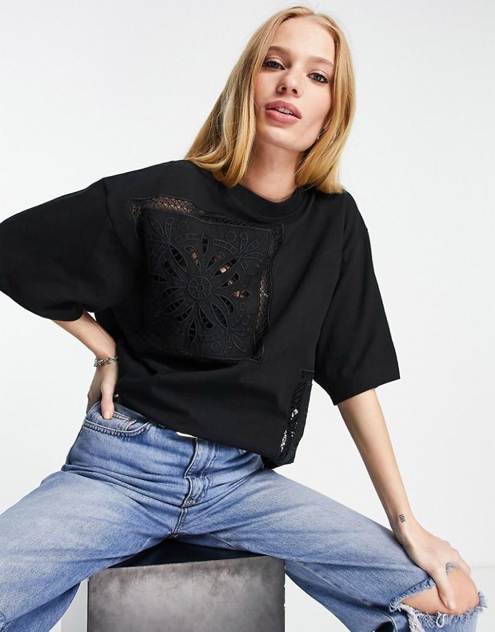 Topshop Oversized Crochet Patchwork Tee In Black